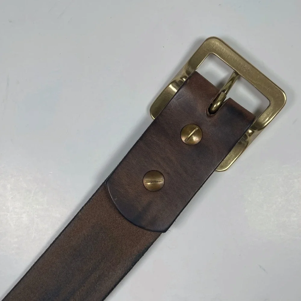 Vintage Handmade Leather Belt Mens 38 Brown Brass Square Buckle Full Grain